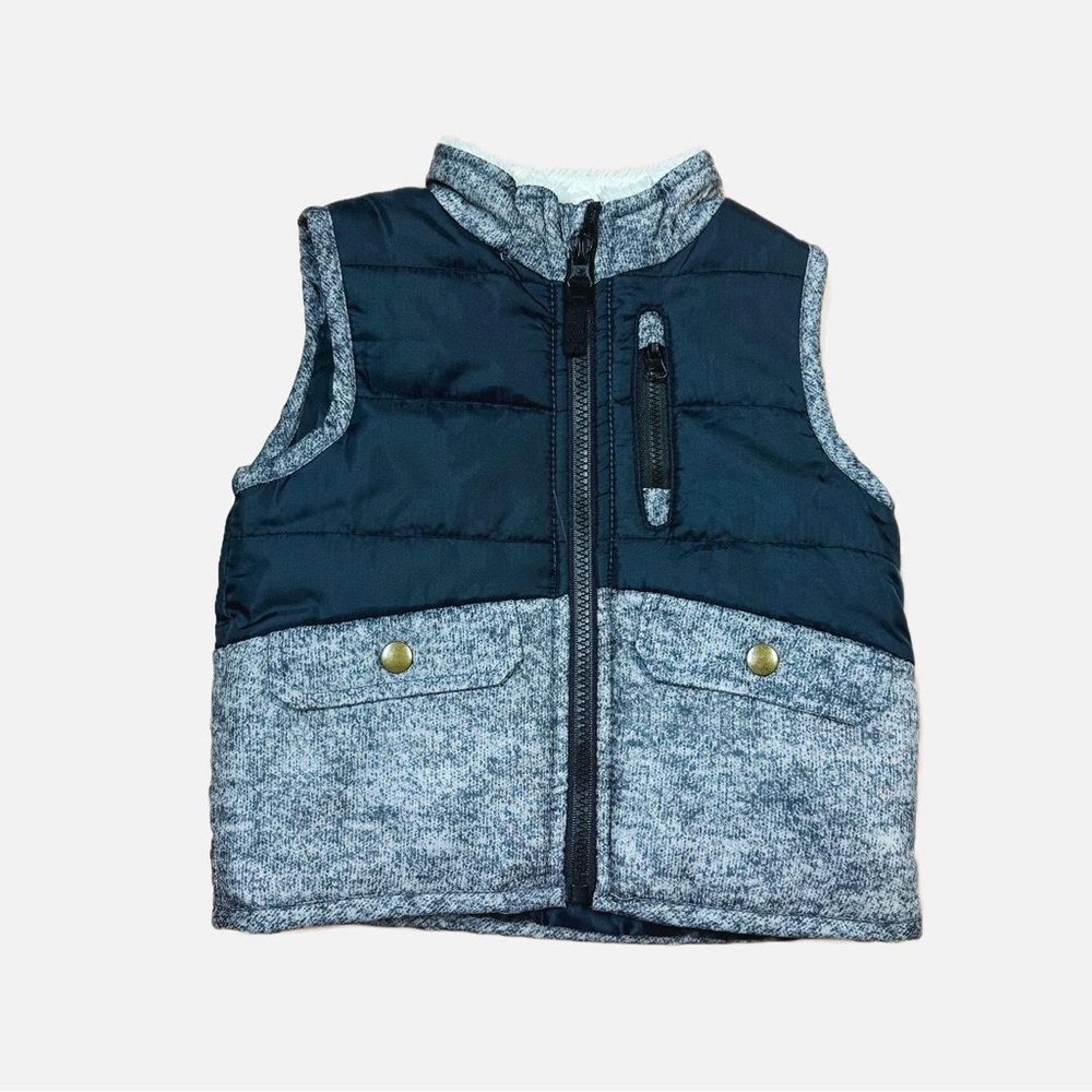 NWOT Little Lad Gray & Navy Zip Up Faux Fur Puffer Vest Toddler Size 18M